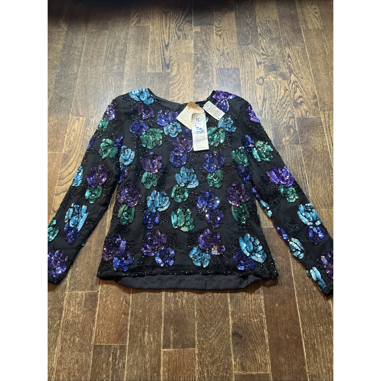 Vintage Royal Feelings Pure Silk Sequin Blouse Blue Purple Womens Small Nwt